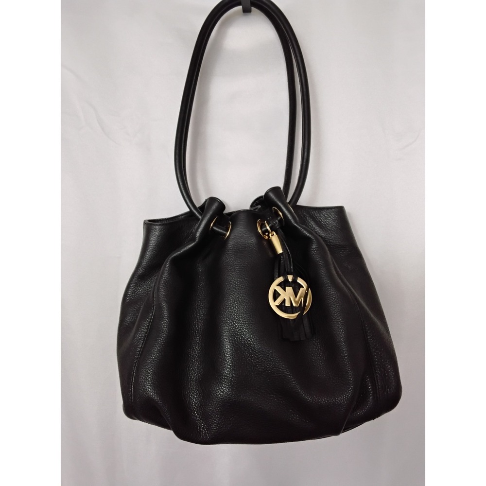 Michael Kors Black Leather Shoulder Tote Handbag w/Gold Hardware